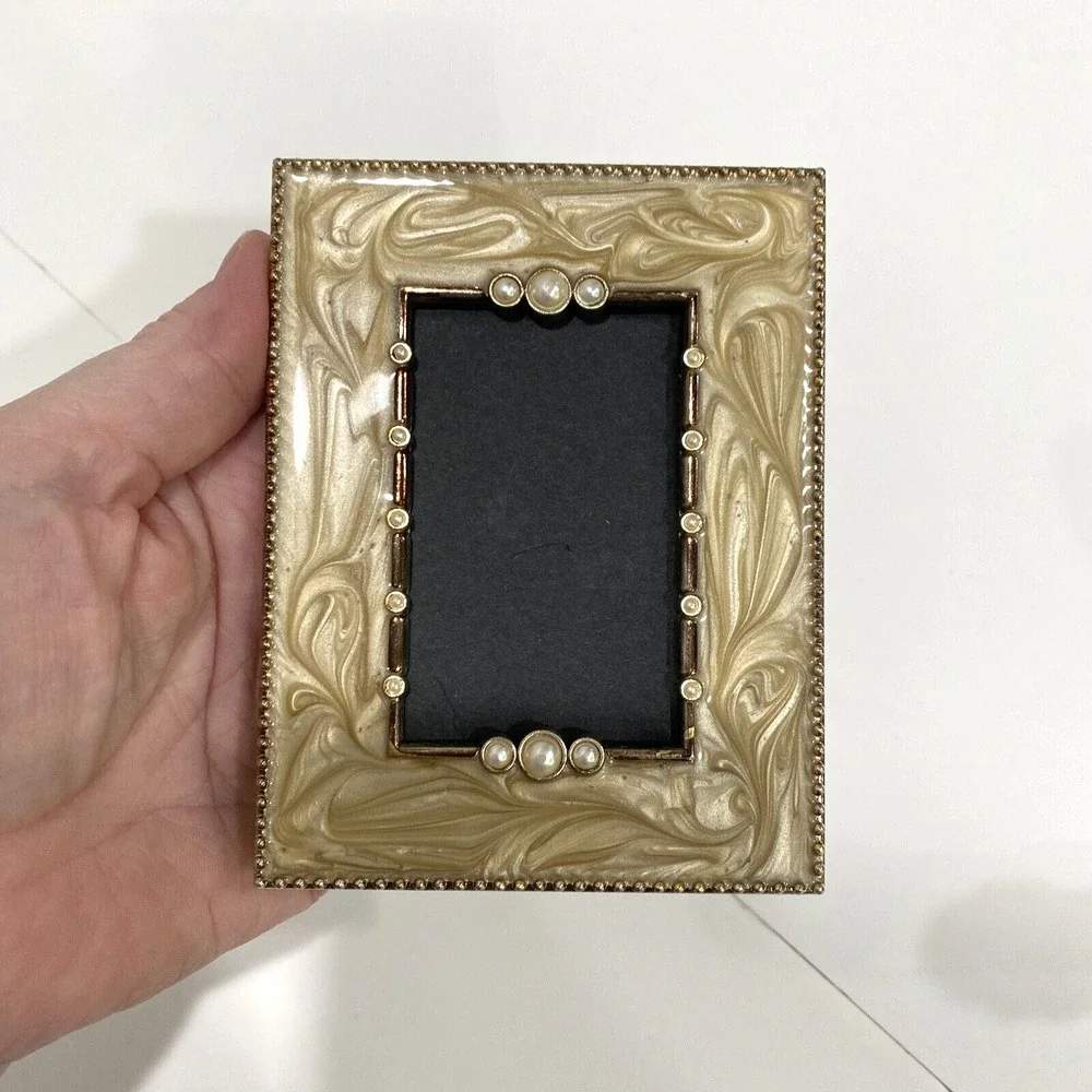 Art Nouveau style standing photo frame silver tone & beige enamel faux pearls